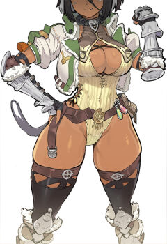 1girl bilena black_hair breasts cleavage dappou_tamer_no_nariagari_boukentan_-_s-rank_bishoujo_boukensha_ga_ore_no_juuma_ni_na! dark-skinned_female dark_skin fang gauntlets large_breasts leotard ookuma_nekosuke potion standing tail thick_thighs thighs white_background