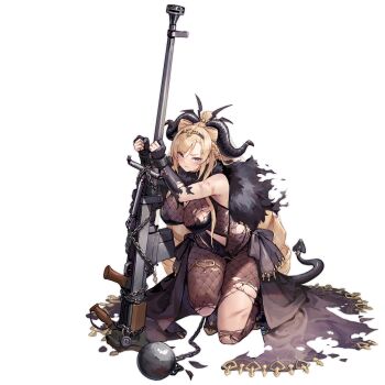 1girl alpha_transparency anti-materiel_rifle asymmetrical_bangs black_bow black_dress black_gloves blonde_hair bodystocking bow boys_(girls&#039;_frontline) boys_anti_tank_rifle braid breasts chain cuffs damaged demon_horns demon_tail dress drill_hair fishnet_bodystocking fishnets full_body fur-trimmed_dress fur_trim game_cg girls&#039;_frontline gloves grey_eyes gun highres horns kneeling large_breasts lock long_dress long_hair looking_at_viewer official_art open_clothes open_dress parted_lips partially_fingerless_gloves rifle shackles sniper_rifle solo suzuno_(bookshelf) tail thigh_strap thighs third-party_source torn_bodystocking torn_clothes transparent_background v-shaped_eyebrows very_long_hair weapon