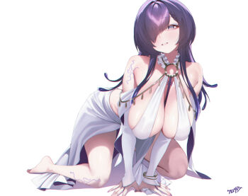 1girl all_fours bare_shoulders barefoot blue_eyes blush breasts chinese_commentary commentary_request dress full_body hair_over_one_eye highres huge_breasts kurozawa_yui limnos long_hair looking_at_viewer nail_polish one_eye_covered parted_lips purple_hair purple_nails sideboob simple_background solo thighs tt013_(thirteennn013) virtual_youtuber white_background white_dress