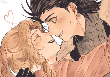 1boy 1girl aerith_gainsborough armor black_gloves black_hair blue_sweater blush braid braided_ponytail brown_hair close-up closed_eyes couple crisis_core:_final_fantasy_vii cross_scar drill_hair drill_sidelocks earrings facial_scar facing_another final_fantasy final_fantasy_vii final_fantasy_vii_rebirth final_fantasy_vii_remake from_side gloves hair_ribbon hand_on_another's_neck heart highres jewelry leaning_forward long_hair looking_at_another nul parted_bangs parted_lips pink_ribbon profile ribbed_sweater ribbon scar scar_on_cheek scar_on_face short_hair shoulder_armor sidelocks smile stud_earrings sweater turtleneck turtleneck_sweater upper_body white_background zack_fair