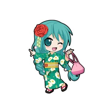 Rule 34 | 1girl, ;d, aqua eyes, aqua hair, black outline, blush, braid, chibi, chibi only, floral print, floral print kimono, flower, full body, game asset, green kimono, hair flower, hair ornament, hair tie, hatsune miku, hatsune miku graphy collection, holding, holding kinchaku, japanese clothes, kimono, kinchaku, long hair, long sleeves, looking at viewer, low twin braids, obi, obidome, obijime, one eye closed, open mouth, outline, pointing, pouch, print kimono, sandals, sash, smile, solo, standing, tabi, transparent background, twin braids, very long hair, vocaloid, yukata, zouri