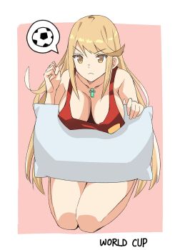 1girl 2018_fifa_world_cup ball bare_shoulders blonde_hair breasts cleavage collarbone commentary half-closed_eyes highres j@ck kneeling large_breasts long_hair mythra_(xenoblade) nintendo pillow soccer soccer_ball speech_bubble swept_bangs tank_top thought_bubble very_long_hair world_cup xenoblade_chronicles_(series) xenoblade_chronicles_2