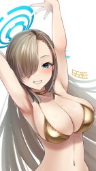 Rule 34 | 1girl, arms up, asuna (blue archive), bikini, blonde hair, blue archive, blue eyes, blue nails, breasts, ex saki, gold bikini, gold choker, grin, hair over one eye, halo, highres, large breasts, long hair, looking at viewer, mole, mole on breast, simple background, smile, solo, swimsuit, teeth, very long hair, white background