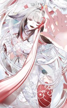 1girl 1other animal_ears black_hair breasts commentary_request dress fox_ears fox_girl hair_intakes highres interlocked_fingers large_breasts long_hair looking_at_viewer multicolored_hair open_mouth red_eyes red_hair second-party_source smile streaked_hair very_long_hair white_dress white_hair ye_shunguang yonemuro zenless_zone_zero