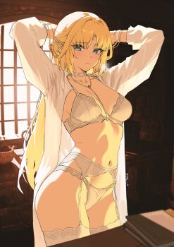 Rule 34 | 1girl, absurdres, arms up, blonde hair, blue eyes, bra, breasts, closed mouth, collarbone, commentary, garter belt, genshin impact, highres, indoors, light blush, long hair, looking at viewer, medium breasts, navel, nicole reeyn, nvl, open clothes, open shirt, panties, shirt, solo, stomach, thighs, twitter username, underwear, white bra, white garter belt, white panties, white shirt