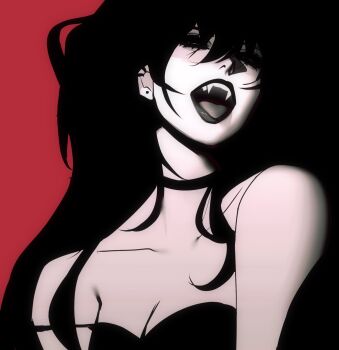 1girl black_eyes black_hair black_lips black_sclera breasts cleavage collar colored_sclera commentary creepypasta double-parted_bangs english_commentary fangs grey_tongue head_tilt highres jane_the_killer long_hair looking_at_viewer nekrottt open_mouth pale_skin solo tongue tongue_out upper_body very_long_hair