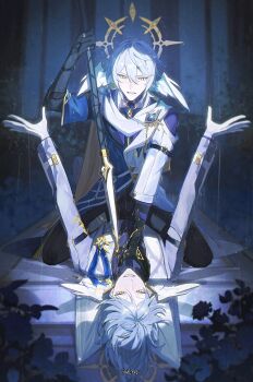 2boys absurdres arms_up artist_name black_gloves black_pants blue_coat bush cape clenched_teeth coat commentary dual_persona earrings elbow_gloves english_commentary feathered_wings gloves gold_blood gold_earrings grey_coat grey_hair grey_shirt hair_between_eyes halo halo_behind_head head_wings highres holding holding_polearm holding_weapon honkai:_star_rail honkai_(series) jewelry long_sleeves looking_at_another looking_down lying male_focus medium_hair moonya multicolored_coat multiple_boys on_back pants piercing polearm purple_shirt rain shirt signature spear straddling sunday_(honkai:_star_rail) sunday_(sacerdos'_relived_ordeal)_(honkai:_star_rail) teeth v-shaped_eyebrows weapon white_coat white_gloves white_wings wing_piercing wings yellow_cape