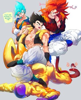 black_hair blue_eyes blue_sash closed_mouth dougi dragon_ball dragon_ball_gt dragon_ball_super dragon_ball_super_broly earrings frieza gloves gogeta golden_frieza highres jewelry long_hair male_focus metamoran_vest monkey_boy monkey_tail multiple_boys muscular muscular_male ommmyoh open_mouth pants potara_earrings red_fur saiyan sash smile spiked_hair super_saiyan super_saiyan_4 super_saiyan_blue tail twitter_username vegetto wristband