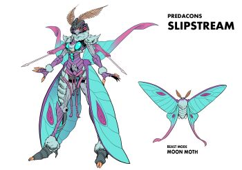 1girl antennae beast_wars breasts bug full_body fur highres insect looking_at_viewer mecha moth multiple_views oohara_tetsuya open_hands predacon redesign robot slipstream_(transformers) small_breasts smile solo_focus standing transformers