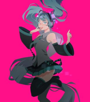 1girl aqua_eyes aqua_nails arm_tattoo boots cheseely collared_shirt commentary english_commentary floating_hair hatsune_miku headphones high_heel_boots high_heels highres looking_at_viewer open_mouth pink_background shirt sidelocks simple_background skirt sleeveless sleeveless_shirt smile solo standing standing_on_one_leg tattoo twintails vocaloid