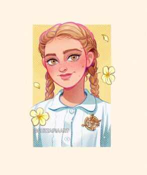 Rule 34 | 1girl, artist name, blonde hair, braid, brown eyes, flower, highres, long hair, looking at viewer, luztapiaart, portrait, primrose everdeen, shirt, solo, the hunger games, twin braids, watermark, white shirt, yellow flower