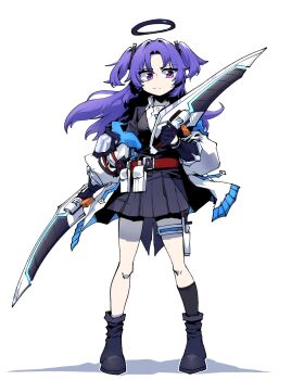 Rule 34 | 1girl, belt, belt pouch, black boots, black gloves, black jacket, black skirt, black socks, blue archive, boots, breasts, closed mouth, coat, dual wielding, floating hair, frown, full body, geonbanmaen, gloves, halo, highres, holding, holding sword, holding weapon, holster, jacket, kneehighs, long hair, off shoulder, open clothes, open coat, pouch, purple eyes, purple hair, simple background, skirt, small breasts, socks, solo, standing, sword, thigh holster, two side up, weapon, white background, white coat, yuuka (blue archive)