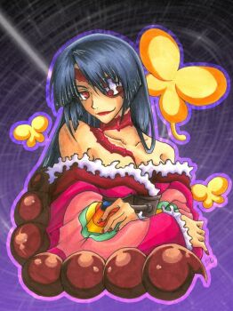 Rule 34 | 00s, 1girl, adiane, aiko-mustang, blue hair, corset, dress, eyepatch, female focus, frills, image sample, lipstick, long hair, makeup, red eyes, scorpion tail, solo, tail, tattoo, tengen toppa gurren lagann, traditional media