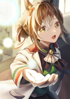 1girl absurdres animal_ears ascot black_shirt black_skirt brown_hair clover clover_hair_ornament collared_shirt commentary_request fine_motion_(noble_seamair)_(umamusume) fine_motion_(umamusume) gloves green_eyes green_vest hair_between_eyes hair_bun hair_ornament highres horse_ears horse_girl jacket long_sleeves looking_at_viewer multicolored_hair open_mouth outstretched_arm reaching reaching_towards_viewer shirt single_hair_bun skirt soidaizu_soy solo umamusume vest white_ascot white_gloves white_hair white_jacket