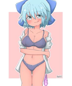 1girl bikini black_bikini blue_hair blush breasts censored cirno crossed_arms dildo heart heart-shaped_pupils highres holding holding_sex_toy large_breasts light_smile looking_at_viewer navel rojiura_mgr sex_toy solo standing sweatdrop swimsuit symbol-shaped_pupils tanned_cirno thigh_gap tongue tongue_out