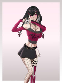 1girl absurdres bare_shoulders black_choker black_hair black_skirt braid breasts choker earrings fishnets hair_ornament hair_over_shoulder hairclip heart heart_hands highres jewelry kuroha_arya large_breasts long_hair long_sleeves looking_at_viewer mr_piedra navel red_shirt shirt skirt spaghetti_strap virtual_youtuber vspo! vspo!_en