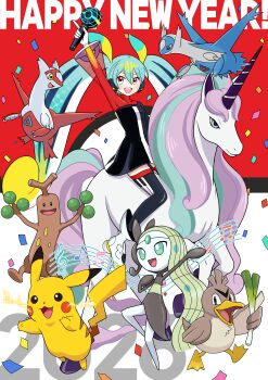 1girl 2026 absurdres aqua_eyes aqua_hair arm_up black_dress black_thighhighs boots chinese_zodiac commentary dress english_commentary farfetch'd galarian_form galarian_rapidash gen_1_pokemon gen_2_pokemon gen_3_pokemon gen_5_pokemon gen_8_pokemon hair_between_eyes hair_ornament happy_new_year hatsune_miku highres holding holding_microphone horseback_riding latias latios legendary_pokemon long_hair looking_at_viewer meloetta meloetta_(aria) microphone mofmama musical_note musical_staff mythical_pokemon new_year nintendo official_alternate_costume official_alternate_hairstyle open_mouth pikachu pokemon pokemon_(creature) project_voltage red_dress riding smile sudowoodo thighhighs twintails two-tone_dress unicorn very_long_hair vocaloid white_boots year_of_the_horse