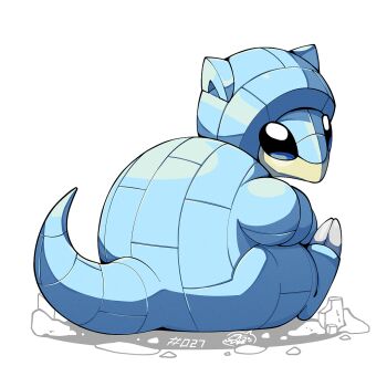 alolan_form alolan_sandshrew full_body gen_7_pokemon looking_at_viewer looking_back mistray-art nintendo no_humans numbered pokemon pokemon_(creature) signature simple_background sitting solo tail white_background