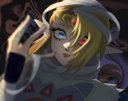 Rule 34 | 1girl, bandages, blonde hair, blue eyes, finger wrap, frown, hand up, nintendo, parted lips, princess zelda, red eyes, red lips, sheik, solo, the legend of zelda, the legend of zelda: ocarina of time, tiara, transformation, wide-eyed