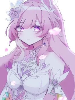 1girl bare_shoulders breasts commentary cyrene_(honkai:_star_rail) cyrene_(ripples_of_past_reverie)_(honkai:_star_rail) diamond-shaped_pupils diamond_(shape) dress earrings flower hair_flower hair_ornament hashtag-only_commentary honkai:_star_rail honkai_(series) jewelry large_breasts long_hair looking_at_viewer multicolored_hair pink_hair purple_eyes sei10_bidoku simple_background solo symbol-shaped_pupils two-tone_hair upper_body very_long_hair white_background white_dress white_hair