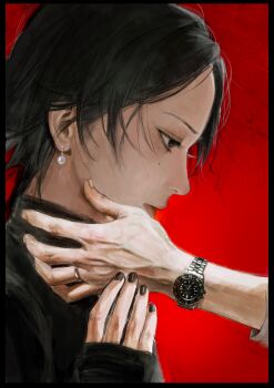 Rule 34 | 1boy, 1girl, absurdres, artist name, black border, black eyes, black hair, black nails, border, chinese commentary, commentary request, earrings, expressionless, fingernails, from side, highres, jewelry, mole, mole on cheek, nail polish, original, out of frame, portrait, realistic, red background, ring, seapall, short hair, simple background, solo focus, watch, wristwatch
