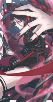 1girl arknights black_boots black_hair black_horns black_jacket black_skirt boots cropped_jacket demon_girl demon_horns highres holding holding_weapon horns ines_(arknights) jacket kimo_suna long_hair looking_at_viewer red_horns skirt slit_pupils solo string string_of_fate weapon yellow_eyes