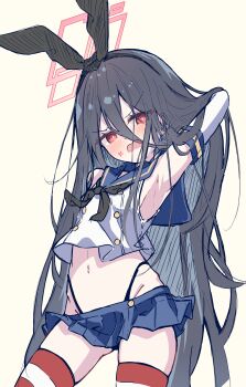 1girl absurdly_long_hair absurdres anger_vein angry aqua_halo armpits black_hair black_hairband black_neckerchief black_panties blue_archive blue_sailor_collar blue_skirt blush cosplay crop_top elbow_gloves gloves hair_between_eyes hairband halo hand_in_own_hair highleg highleg_panties highres kanikama_acedia kei_(blue_archive) loli long_hair long_hair_between_eyes microskirt neckerchief panties rectangular_halo red_eyes ringed_eyes sailor_collar shimakaze_(kancolle) shimakaze_(kancolle)_(cosplay) skirt solo striped_clothes striped_thighhighs thighhighs underwear very_long_hair white_gloves