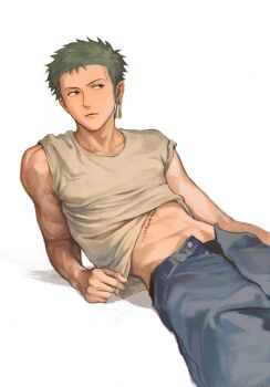 1boy blue_pants closed_mouth earrings green_hair hashtag-only_commentary highres jewelry lying maci_thornton male_focus on_back one_piece open_fly pants roronoa_zoro shirt short_hair sideways_glance simple_background solo stitched_torso stitches white_background white_shirt