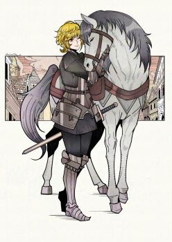 1girl armor blonde_hair border breastplate closed_eyes cuirass faulds full_body gauntlets greaves herheim highres horse mixed-language_commentary monica_(unicorn_overlord) one_eye_closed plackart ponytail red_eyes sabaton short_hair signature solo sword unicorn_overlord weapon white_background white_border white_horse