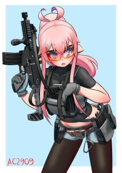 1girl absurdres ac2909 commentary english_commentary gloves gun hair_ornament highres long_hair military open_mouth original pantyhose pink_hair pointy_ears simple_background sunglasses tagme weapon