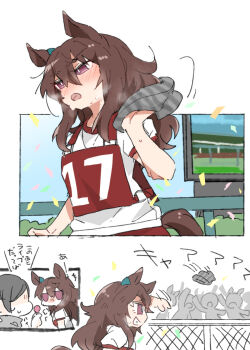 1girl 6+others ^^^ animal_ears beanie beer_hsk blush brown_hair candy chain-link_fence chibi confetti fence food grey_hat grin hair_between_eyes hat highres holding holding_candy holding_food holding_lollipop horse_ears horse_girl horse_tail jitome lollipop long_hair multiple_others nakayama_festa_(umamusume) original_race_uniform_(umamusume) profile puffy_short_sleeves puffy_sleeves purple_eyes race_bib shirt short_sleeves smile tail throwing trainer_(umamusume) translation_request umamusume unworn_hat unworn_headwear white_shirt