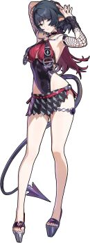 1girl animal_ears breasts ear_piercing female_focus fishnets full_body highres jane_doe_(zenless_zone_zero) long_hair looking_at_viewer medium_breasts miniskirt nail_polish official_art one-piece_swimsuit piercing platform_sandals sandals skirt solo swimsuit tail thigh_strap toenail_polish toenails toes zenless_zone_zero