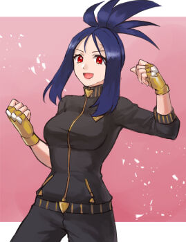 1girl black_hair black_jacket black_track_suit breasts commentary_request cross_scar dendra_(pokemon) fingerless_gloves gloves hazuki_(nyorosuke) highres jacket medium_breasts nintendo open_mouth pokemon pokemon_sv scar scar_on_face scar_on_forehead sidelocks smile solo three-quarter_sleeves track_jacket track_suit turtleneck turtleneck_jacket updo yellow_gloves zipper_pull_tab