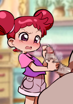 1boy 1girl age_difference blurry blurry_background censored clothed_female_nude_male double_bun hair_bun harukaze_doremi hetero highres jcm2 loli looking_at_penis mosaic_censoring nude ojamajo_doremi open_mouth penis precum purple_eyes red_hair short_hair