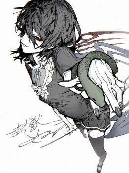 1girl asymmetrical_wings black_dress black_hair black_nails black_thighhighs blue_wings commentary dress highres houjuu_nue looking_at_viewer medium_hair moimoi_(moimoihituji) nail_polish parted_lips reaching reaching_towards_viewer red_eyes red_wings short_sleeves smile snake snake_wrapped_around_arm solo thighhighs touhou two-tone_wings white_background wings zettai_ryouiki