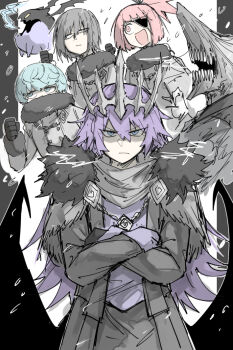 Rule 34 | 2boys, 2girls, :d, aqua hair, black gloves, blot plot, blue eyes, closed mouth, coat, creature, crossed arms, eyepatch, frown, fur trim, gloves, grey hair, grey scarf, gunbuster pose, jemiru (kankan33333), jewelry, kankan33333, long hair, long sleeves, looking at viewer, monster, multiple boys, multiple girls, open mouth, original, pendant, pink hair, purple hair, scarf, short hair, sketch, smile, tiara