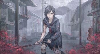 1girl absurdres artist_name black_hair black_serafuku black_skirt black_socks bleeding blood dated deep_wound flower highres holding holding_lead_pipe injury lead_pipe noki_ice pleated_skirt rain school_uniform serafuku shimizu_hinako silent_hill_(series) silent_hill_f skirt socks spider_lily torn_clothes torn_skirt