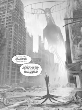 abandoned breasts broken_window building city cityscape cloak cloud collarbone debris dilapidated english_text facial_mark halo highres hololive hololive_english jasper_xandros long_hair mori_calliope multiple_girls open_mouth outdoors post-apocalypse rubble ruins scenery sky skyscraper virtual_youtuber wide_shot wreckage