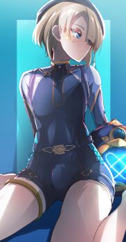 Rule 34 | 1boy, absurdres, barefoot, blonde hair, blue background, blue eyes, bulge, commentary, freminet (genshin impact), genshin impact, green background, highres, looking to the side, marky evan, short hair, thighs, trap, two-tone background