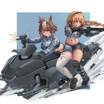 2girls abs ahoge animal_ears assault_rifle belt black_belt black_gloves black_shoes black_shorts blonde_hair blue_eyes braid braided_ponytail breasts brown_eyes brown_hair camouflage camouflage_jacket cropped_jacket driving firing gloves gun hair_between_eyes handgun headphones highres holding holding_gun holding_weapon horse_ears horse_girl indie_virtual_youtuber jacket kneehighs large_breasts long_sleeves multiple_girls navel ponytail rifle shoes shorts simple_background smile snow snowmobile socks tascalate thighhighs tomoe_umari tongue tongue_out v-dere weapon whiskey_project white_thighhighs