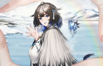 1girl arknights black_hair blue_eyes blue_hair blue_lips blue_nails breasts colored_inner_hair commentary_request ctay2273 finger_frame frozen_lake fur_trim hair_ornament highres kjera_(arknights) large_breasts light_smile medium_hair multicolored_hair pov pov_hands signature tassel tassel_hair_ornament waving