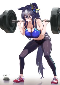 1girl animal_ears bare_arms bare_shoulders black_hair blue_eyes blue_sports_bra blush breasts collarbone commentary exercising full_body hair_ornament herohero_(higashi_no_dou) highres horse_ears horse_girl horse_tail large_breasts parted_lips ponytail simple_background solo sports_bra tail thighs umamusume verxina_(umamusume) weightlifting white_background