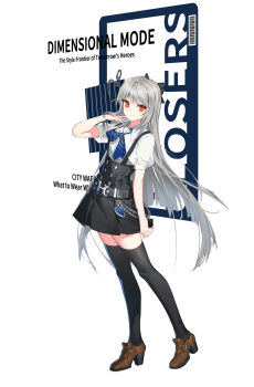 1girl absurdres adjusting_hair belt black_belt black_bow black_thighhighs block_heels blue_necktie bow brown_shoes buttons closed_mouth closers collared_shirt diagonal-striped_clothes diagonal-striped_necktie double-breasted english_text full_body grey_hair hair_bow hand_up high-waist_skirt highres light_smile long_hair looking_at_viewer miniskirt necktie no_pupils orange_eyes puffy_short_sleeves puffy_sleeves shirt shoes short_sleeves skirt solo standing striped_clothes suspender_skirt suspenders tachi-e thighhighs tina_(closers) very_long_hair wallet_chain white_background white_shirt zettai_ryouiki