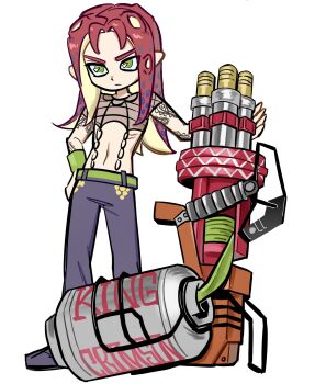 1boy arm_tattoo belt closed_mouth commentary cosplay diavolo diavolo_(cosplay) english_commentary fishnet_top fishnets full_body gatling_gun green_belt green_eyes hand_on_own_hip highres jojo_no_kimyou_na_bouken long_hair male_focus navel nintendo octoling_player_character pants pointy_ears purple_pants red_hair solo splatoon_(series) standing suction_cups tattoo tentacle_hair tutu5677083 v-shaped_eyebrows vento_aureo weapon white_background