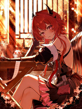 Rule 34 | 1girl, absurdres, arknights, arknights: endfield, backless dress, backless outfit, bare shoulders, black dress, black horns, black sleeves, blush, chinese commentary, commentary request, crossed legs, day, detached sleeves, dress, feet out of frame, flower, flower pot, food, fruit, highres, horns, indoors, laevatain (arknights), light particles, long hair, long sleeves, looking at viewer, parted lips, pink eyes, plant, potted plant, red hair, short dress, sitting, slit pupils, solo, strawberry, surtr (arknights), table, white flower, window, wooden table, xxzhou