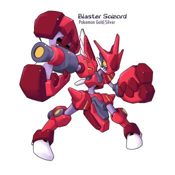 Rule 34 | 2000s (style), arm cannon, armor, character name, copyright name, full body, gen 2 pokemon, highres, humanoid robot, insect wings, karakatodzo, looking at viewer, mechanization, mega man (series), mega man zero (series), nakayama tooru (style), nintendo, outstretched hand, parody, pincers, pokemon, red armor, robot, scizor, standing, style parody, weapon, wings, yellow eyes