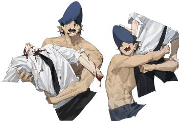 2boys absurdres anger_vein beam_(chainsaw_man) bird2120rm black_hair black_pants blood blood_on_arm blood_on_clothes blood_on_face blush_stickers chainsaw_man commentary cropped_legs cuts denim denim_shorts denji_(chainsaw_man) highres hug_from_side injury male_focus multiple_boys multiple_views no_nipples nosebleed open_mouth pants pull_cord shark_boy shark_fin shark_head sharp_teeth shirt short_hair shorts simple_background sleeves_pushed_up symbol-only_commentary teeth topless_male white_background white_shirt