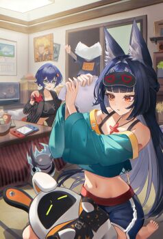 1boy 2girls 2others absurdres animal_ear_fluff animal_ears barefoot belle_(zenless_zone_zero) black_hair black_shirt black_tank_top blue_hair blue_shirt blue_shorts blush box calendar_(object) crop_top eous_(zenless_zone_zero) flower fox_ears fox_girl green_eyes grey_hair hair_ornament highres hoshimi_miyabi indoors jewelry jyn_jyn letter_hair_ornament looking_at_another multiple_girls multiple_others navel necklace nintendo_switch off-shoulder_shirt off_shoulder open_mouth orange_eyes orange_shorts pajamas pillow pillow_fight plant poster_(object) potted_plant shirt shorts sleep_mask stuffed_toy sweat table tailless_(zenless_zone_zero) tank_top wise_(zenless_zone_zero) zenless_zone_zero