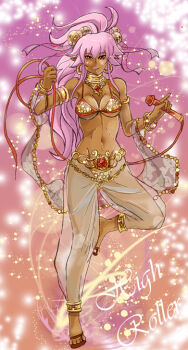 1girl anklet bangle bell bikini bracelet breasts cleavage closed_mouth coin_(ornament) commentary dancer dancer_(ragnarok_online) dark-skinned_female dark_skin english_commentary full_body gem gold hair_bell hair_ornament harem_pants holding holding_whip jewelry jingle_bell long_hair looking_at_viewer medium_breasts navel neck_ring pants pink_background pink_hair ragnarok_online red_gemstone regzo see-through_clothes see-through_pants sequins shawl smile solo swimsuit white_pants yellow_bikini
