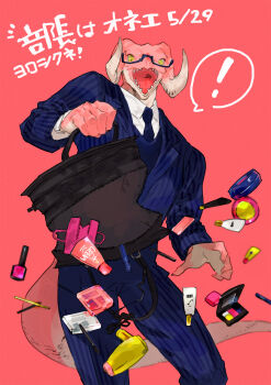! 1boy blue_suit briefcase buchou_wa_onee colored_skin commentary_request cowboy_shot dragon_boy dropped_object falnail_vincent formal_clothes furry furry_male highres horns looking_at_viewer makeup male_focus nagabe nail_polish pink_background pink_skin simple_background solo standing striped_suit suit tail translation_request yellow_eyes